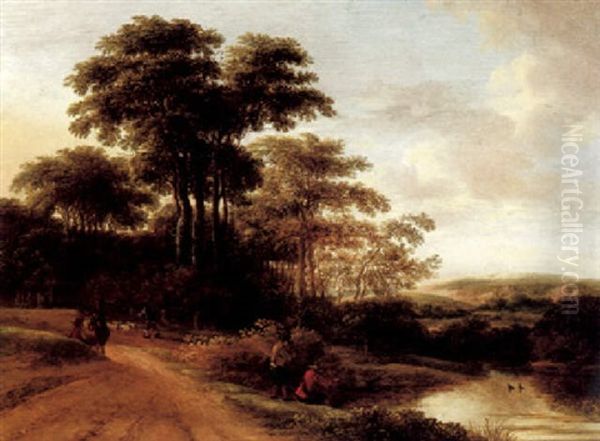 An Evening Landscape With Fishermen And Other Figures Beside A River Oil Painting by Pieter Jansz van Asch