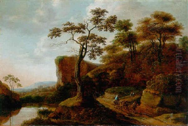 Rocky Wooded Landscape With Travellers With Mules On A Track Oil Painting by Pieter Jansz van Asch