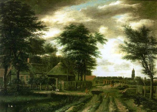 View Of A Country Lane With A Farm House And Cattle On A Path Oil Painting by Pieter Jansz van Asch