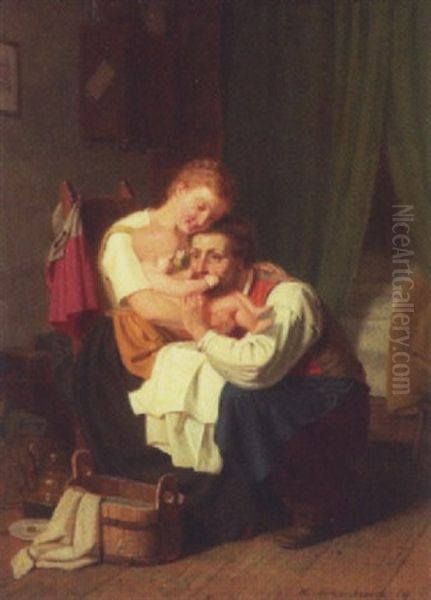 Elternliebe. Interior Med Foraeldrepar, Der Beundrer Det Nyvaskede Barn Oil Painting by Heinrich Aschenbroich