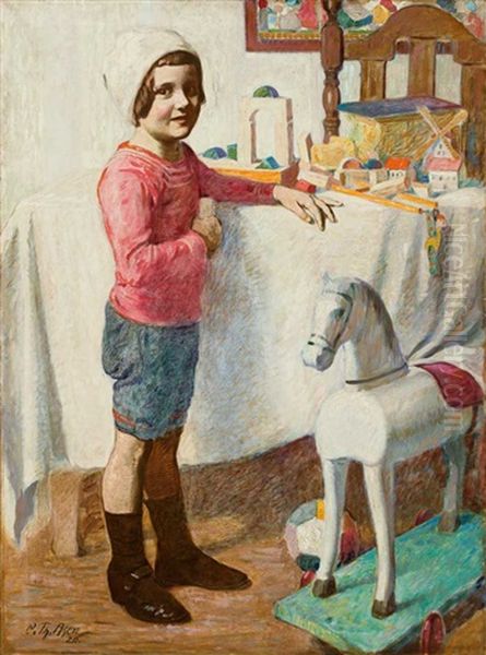 Portrait Eines Knaben Am Tisch Mit Spielzeug, Daneben Ein Ziehpferd Und Ball Oil Painting by Karl Theodor Asen