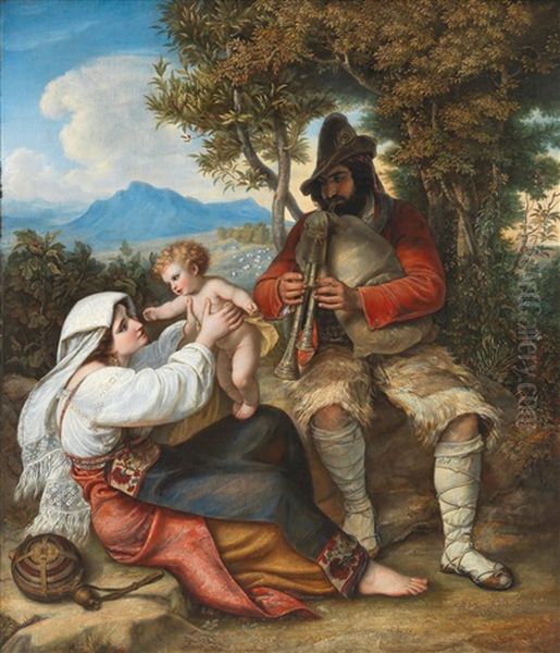 Italian Shepherd Family Oil Painting by Louis (Julius Ludwig) Asher