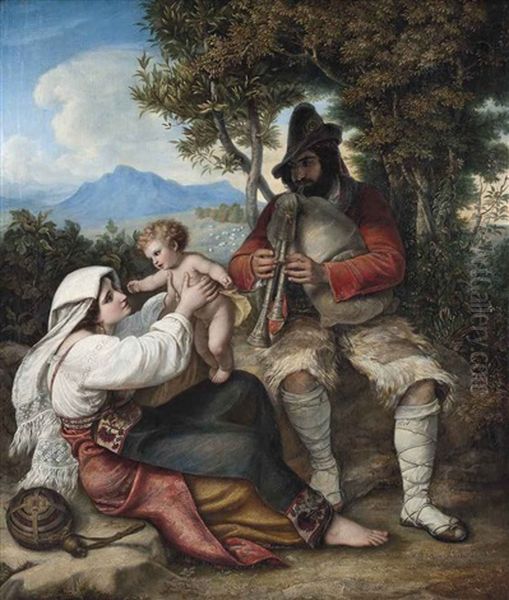 A Shepherd Playing A Tune To His Baby Oil Painting by Louis (Julius Ludwig) Asher