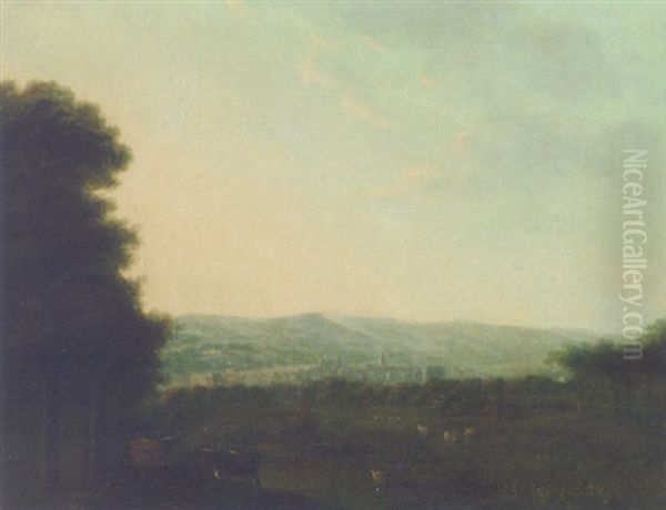 An Extensive Landscape With Livestock In The Foreground And A Town Beyond Oil Painting by Daniel Ashford