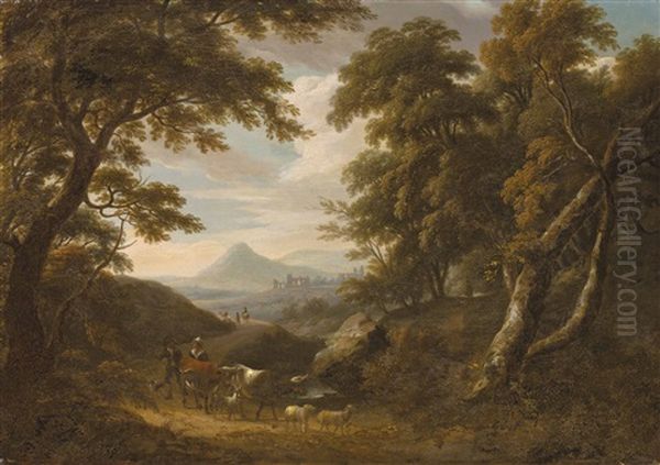 A Wooded Landscape With A Herder And His Flock On A Path, Ruins Beyond Oil Painting by William Ashford