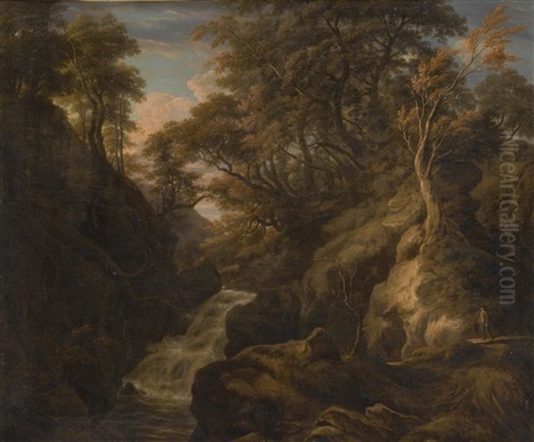 A Wooded Landscape With A Waterfall And A Fisherman Walking Along A Path Oil Painting by William Ashford