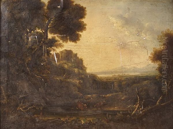 A Wooded Landscape With Cattle, A Castle In The Middle Distance. A Coastline And Mountains Beyond, Probably The Wicklow Mountains Oil Painting by William Ashford