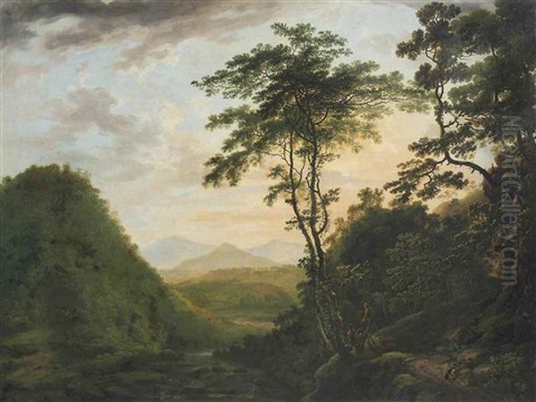 A Wooded River Landscape Looking Towards The Sugar Loaf From The Scalp, Co Wicklow, With Powerscourt In The Distance Oil Painting by William Ashford