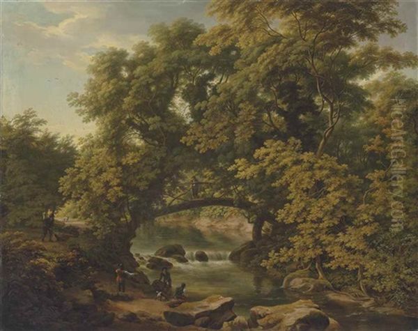 A View Of The Bridge At Charleville Castle, Tullamore, Co. Offaly, A Figure On The Bridge And Other Figures With A Dog Near The Water's Edge Oil Painting by William Ashford