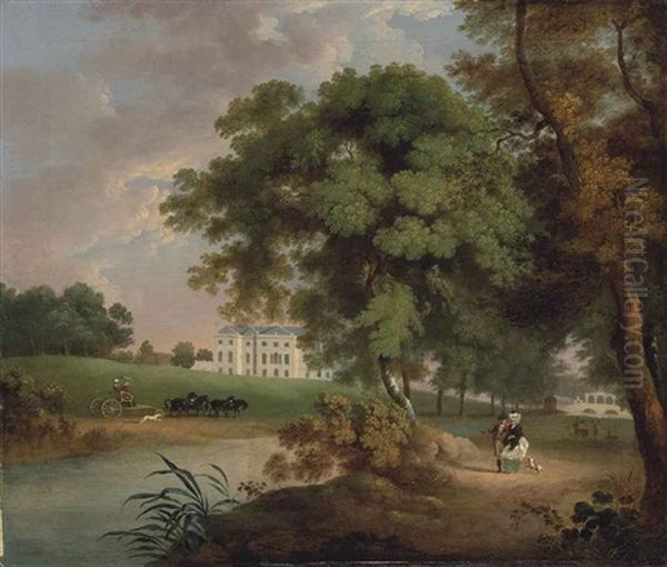 View Of The Rear Of Belan House, Brannockstown, Co. Kildare, Ireland, With Edward Augustus Stratford, 2nd Earl Of Aldborough Oil Painting by William Ashford