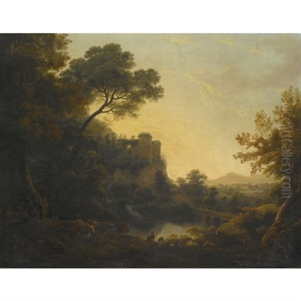 Wooded River Landscape With Peasants, Cattle, Goats And Sheep Before A Ruined Castle by William Ashford