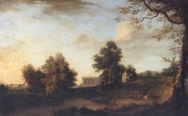 A Prospect Of Belan House, Ballitore, County Kildare, Seat Of The Earls Of Aldborough, With Cattle In The Foreground Oil Painting by William Ashford