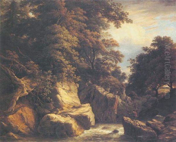 A Wooded River Landscape With An Angler On A Rock Casting His Line Oil Painting by William Ashford