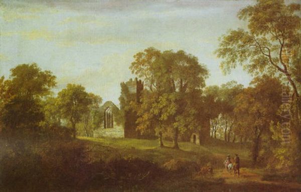 A Wooded Landscape With Two Riders On A Path, The Ruins Of A Church Beyond Oil Painting by William Ashford