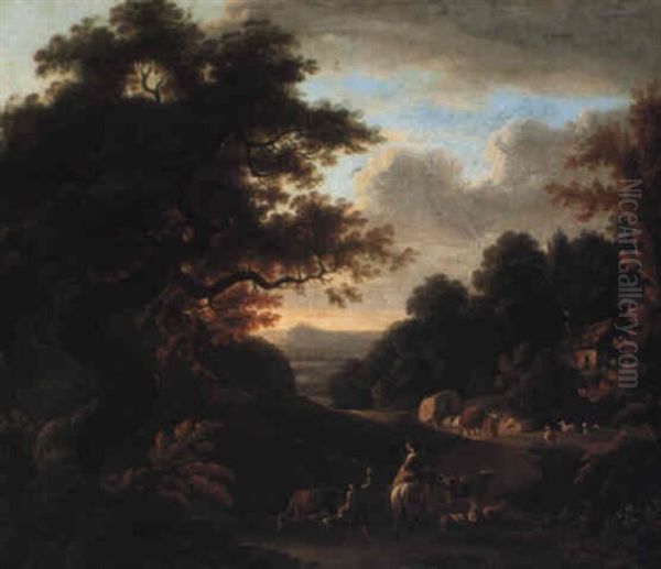 Landscape With Drover And Shepherdess Returning Home At Dusk Oil Painting by William Ashford