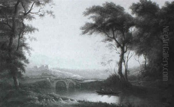 Figures Punting In A River Landscape, Castle Beyond Oil Painting by William Ashford