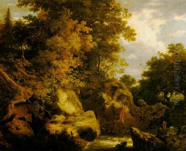 A Wooded Rocky River Scene With Two Sportsmen Oil Painting by William Ashford