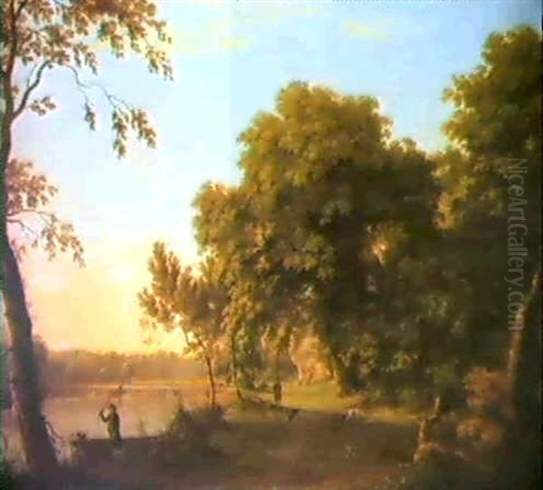 A View Of Carton Park, County Kildare With An Angler And    Sportsman With His Dogs By A Weir Oil Painting by William Ashford