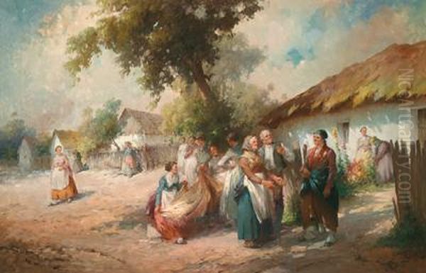 Gossiping In The Village Oil Painting by Agoston Acs