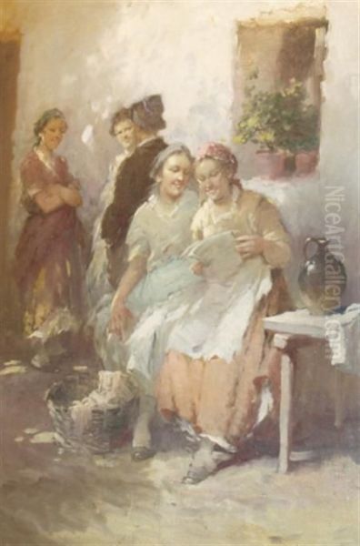 Reading The News Oil Painting by Agoston Acs