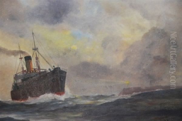 Ship Passing Headland With Lighthouse Oil Painting by James Ashton