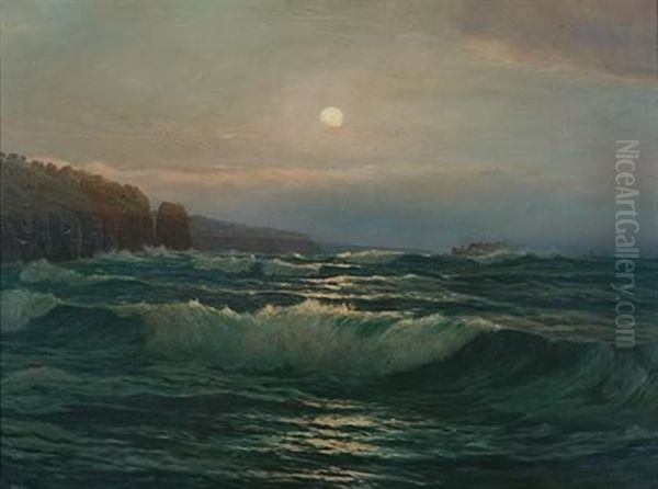 Untitled - Moonlit Seascape With Steam Ship Oil Painting by Julian Rossi Ashton