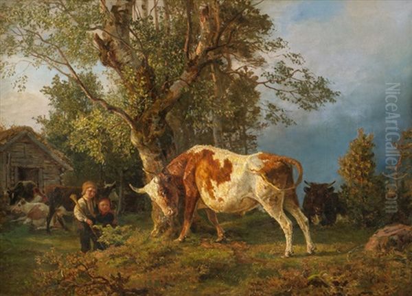 Children, Ox And Cows Oil Painting by Anders Monsen Askevold