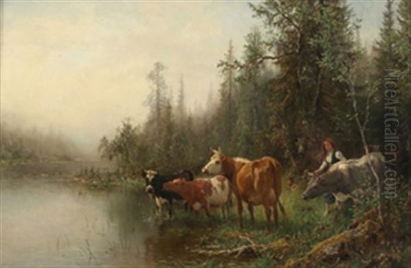 Landskap Med Kuer Og Gjeterjente Oil Painting by Anders Monsen Askevold