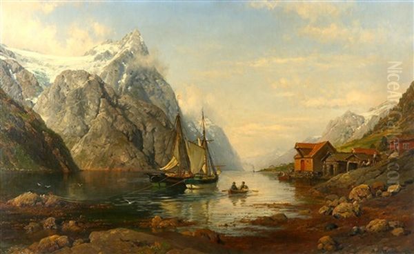 Fjord View With Sailboat And Distant Steamer by Anders Monsen Askevold