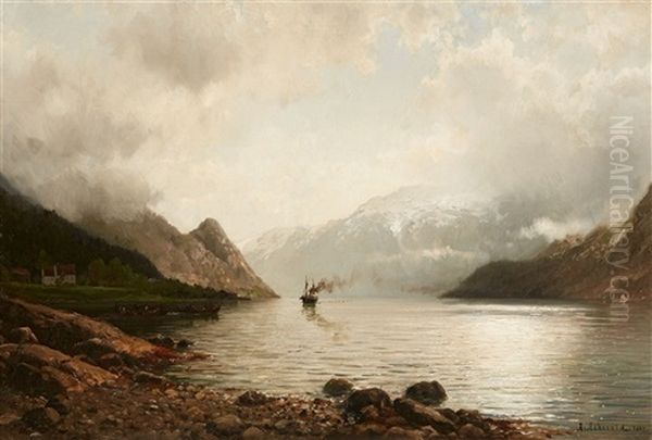 Steamship On A Fjord Oil Painting by Anders Monsen Askevold