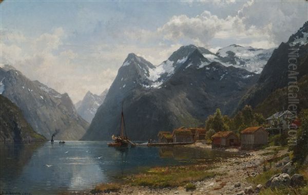 Fjordlandskap Med Folkeliv, Dampbaten Kommer Oil Painting by Anders Monsen Askevold