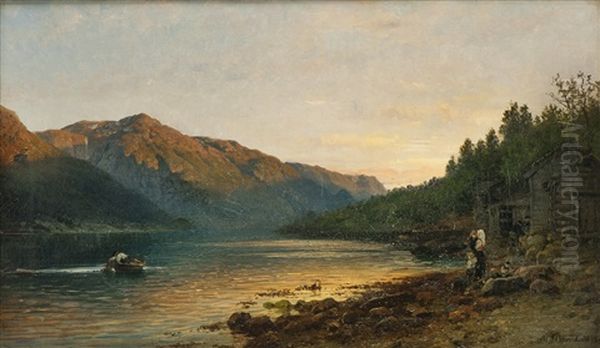 Fjordlandskap Med Folkeliv Oil Painting by Anders Monsen Askevold