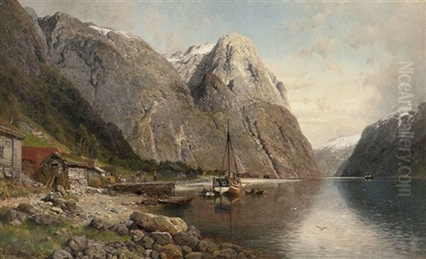 Fjordlandskap Med Folkeliv, Dampbaten Kommer Oil Painting by Anders Monsen Askevold