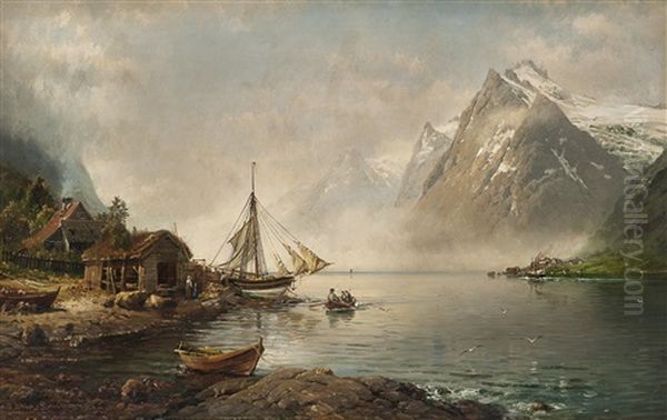 Fjordlandskap Med Folkeliv Oil Painting by Anders Monsen Askevold