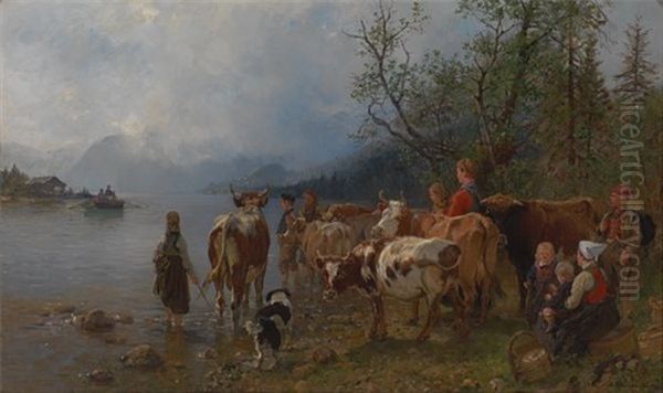 Fergested Ved En Innsjo Oil Painting by Anders Monsen Askevold