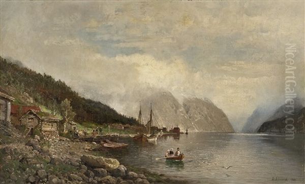 Fjordlandskap Med Folkeliv Oil Painting by Anders Monsen Askevold