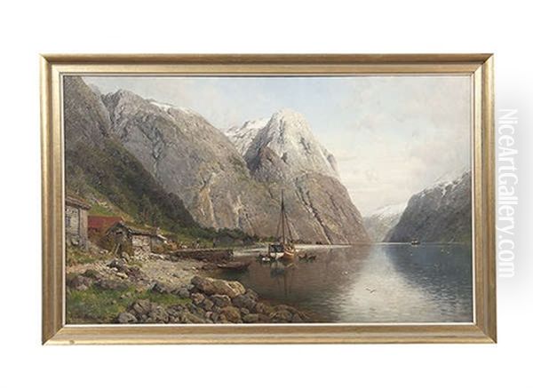 Mailboat In Norwegian Fjord Oil Painting by Anders Monsen Askevold