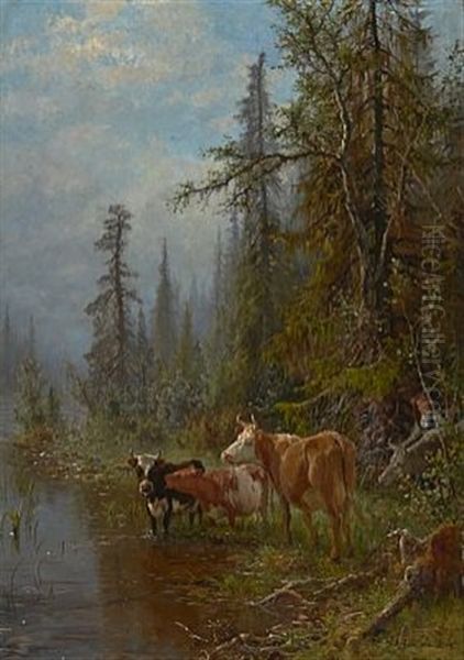 Buskap Ved Vanningssted Oil Painting by Anders Monsen Askevold