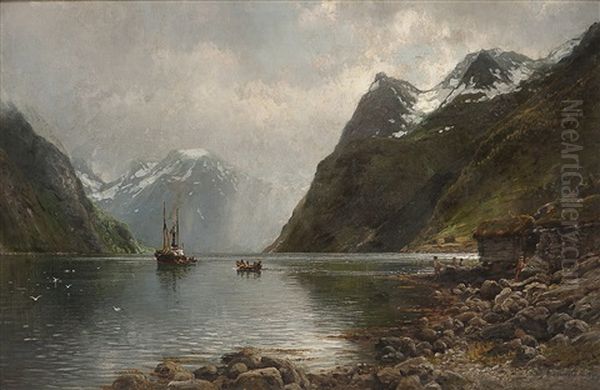 Fjordlandskap Med Folkeliv Oil Painting by Anders Monsen Askevold