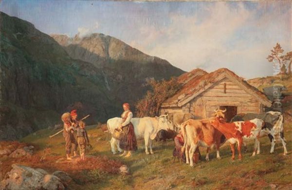 Troupeau Et Bergers En Alpage Oil Painting by Anders Monsen Askevold