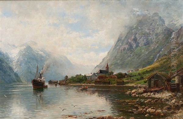 Norway, Mailboat In A Fjord Oil Painting by Anders Monsen Askevold