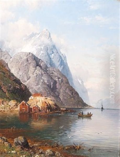 Battrafikk I Vestlandsfjord Oil Painting by Anders Monsen Askevold