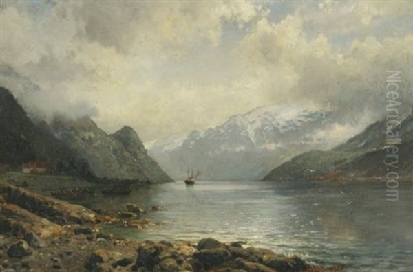 A View Of The Fjord River Oil Painting by Anders Monsen Askevold