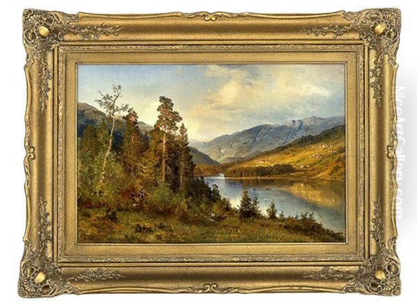 Elvelandskap Med Folkeliv Oil Painting by Anders Monsen Askevold