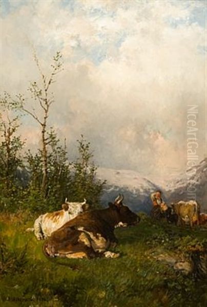 Kyr Og Budeie I Fjellet Oil Painting by Anders Monsen Askevold