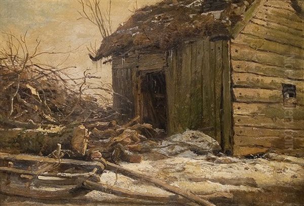 Winter At The Cottage Oil Painting by Anders Monsen Askevold