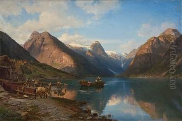 Hoyet Ros Over Indre Fjaerlandsfjord I Sogn Oil Painting by Anders Monsen Askevold