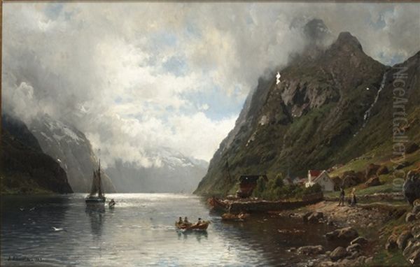 Fjordlandskap Med Figurer Oil Painting by Anders Monsen Askevold