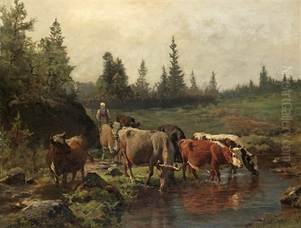 Landskap Med Kor Vid Vattendrag Oil Painting by Anders Monsen Askevold