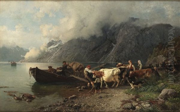 Boskapen Flyttas Oil Painting by Anders Monsen Askevold